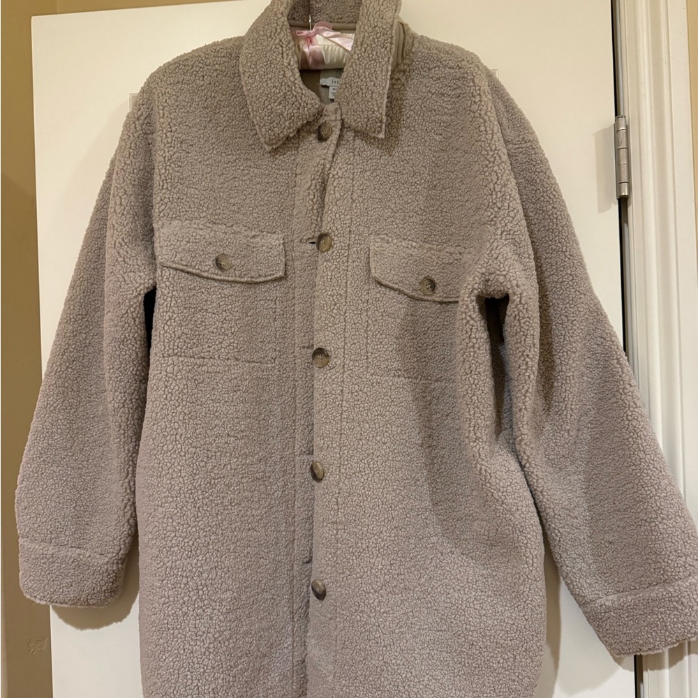 Joie Taupe Button-Up Sherpa Jacket faux fur faux sheepskin jacket